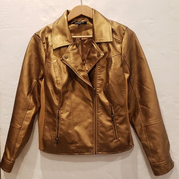 Baccini Bronze Gold Faux Leather Moto Biker Jacket Womens Large - Picture 2 of 10